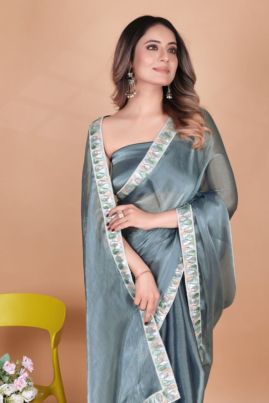 Elegant Teal Party Wear Chiffon Silk Saree with Sequence Lace