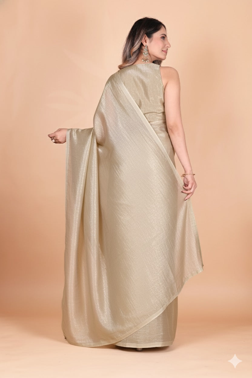 Elegant Gold Tissue Silk Crunchy Party Wear Saree