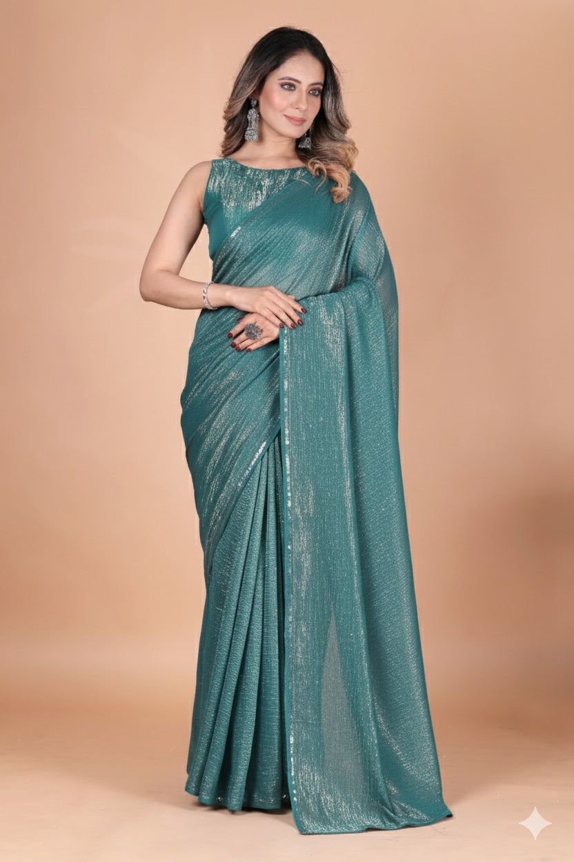 Elegant Bottle Green Shimmer Tissue Silk Crunchy Party Wear Saree