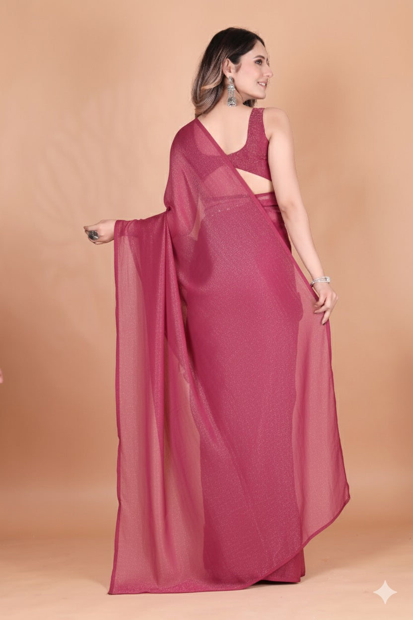 Elegant Light Magenta Shimmer Tissue Silk Crunchy Party Wear Saree