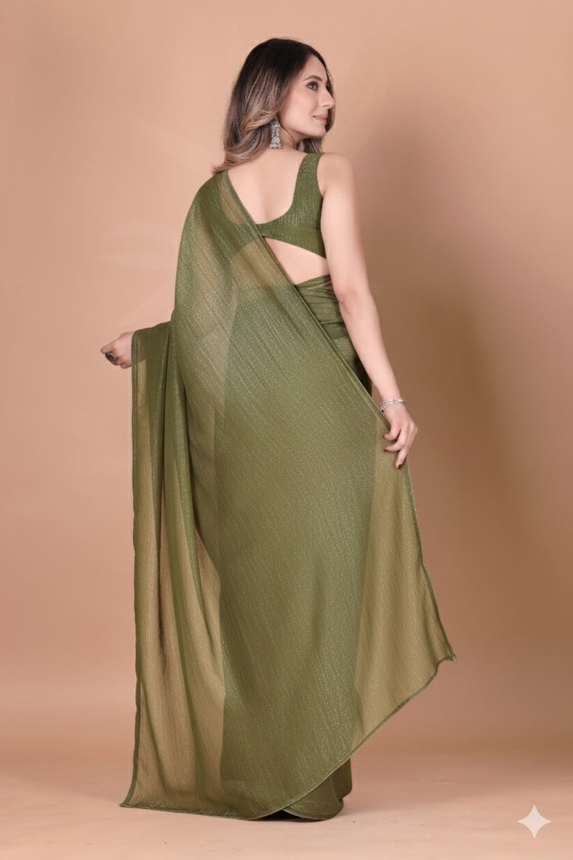Elegant Olive Green Shimmer Tissue Silk Crunchy Party Wear Saree