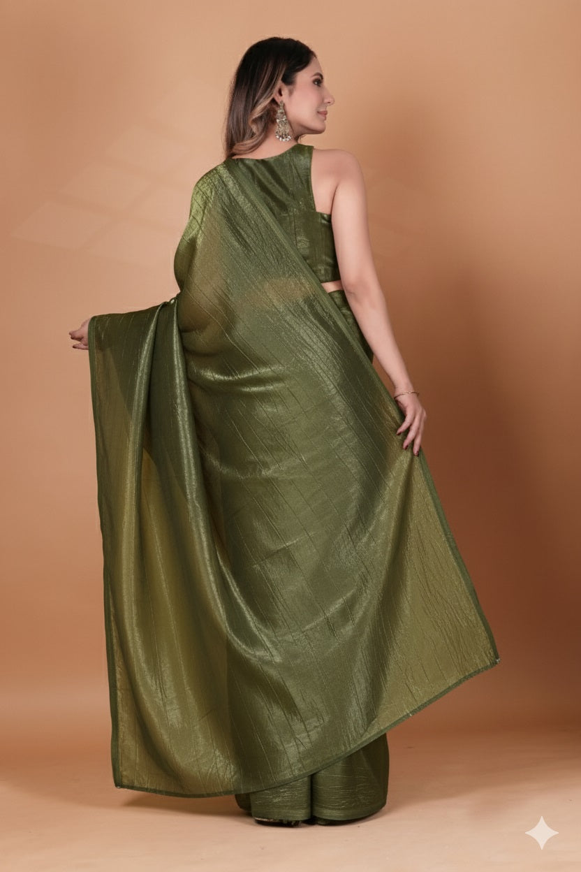 Elegant Mehendi Green Tissue Silk Crunchy Party Wear Saree