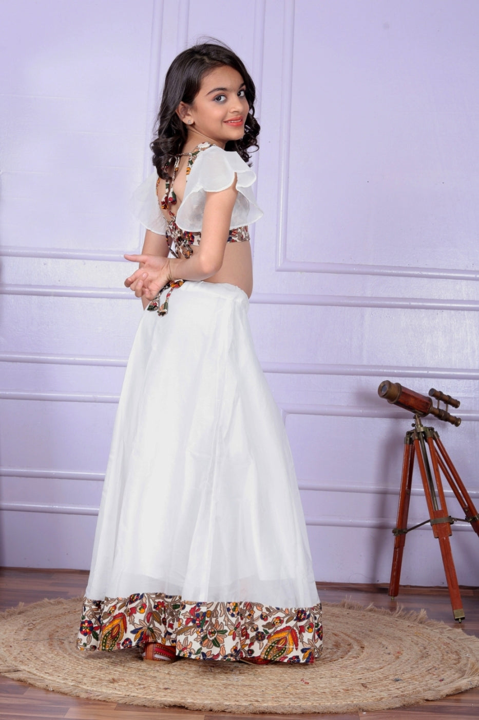 White Beige Poly Silk Umbrella Sleeves Full Flair Lehenga Choli