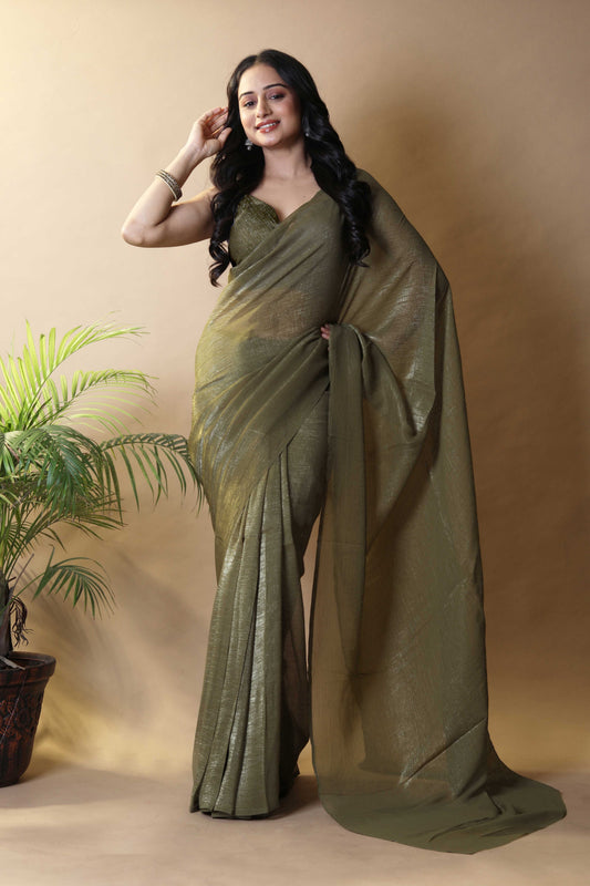 Elegant Olive Green Shimmer Tissue Silk Crunchy Party Wear Saree
