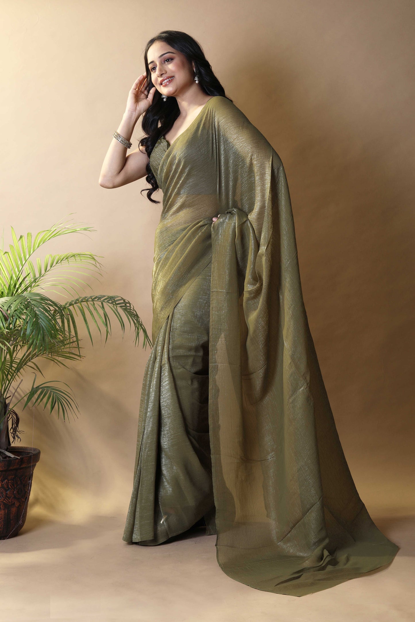 Elegant Olive Green Shimmer Tissue Silk Crunchy Party Wear Saree