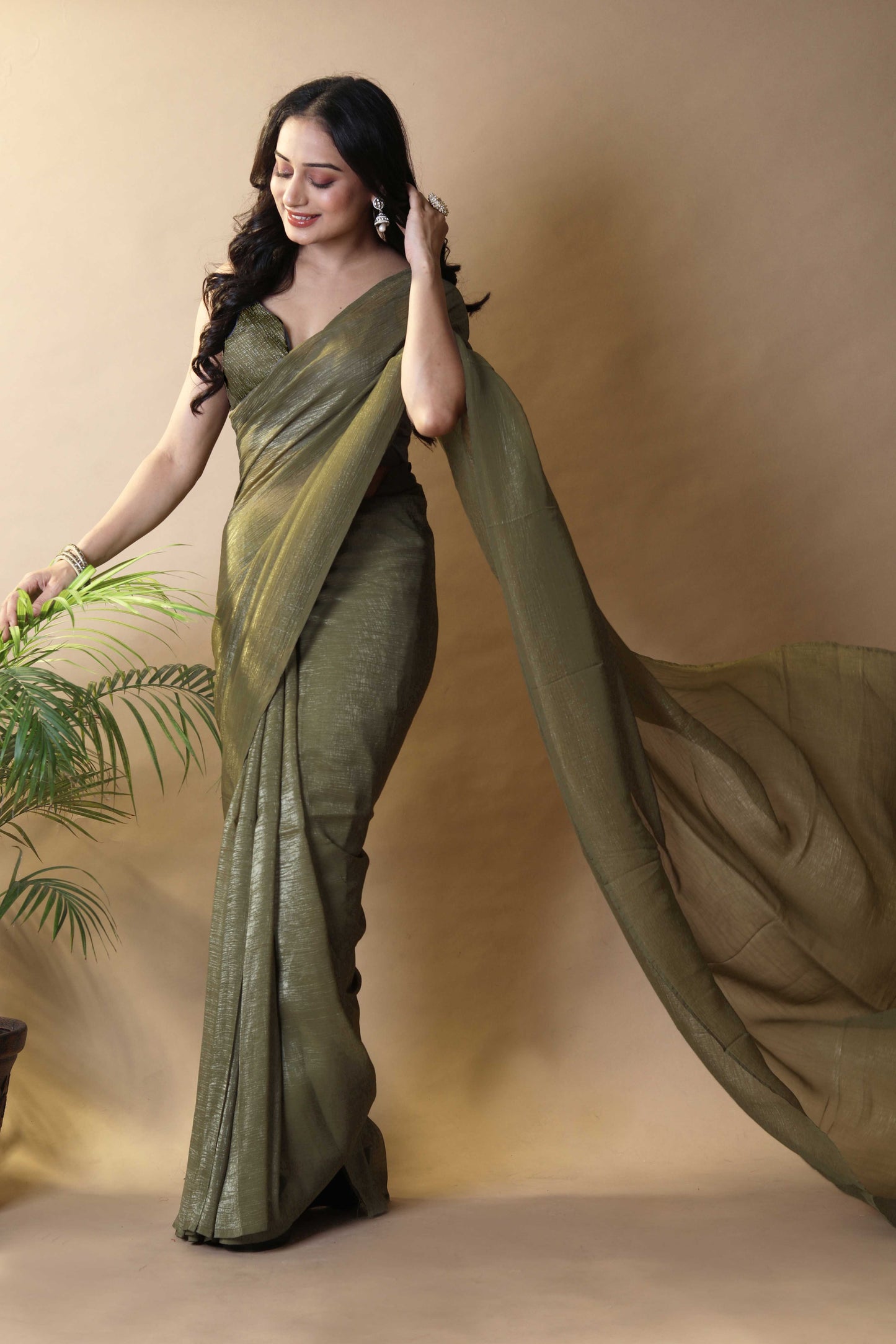 Elegant Olive Green Shimmer Tissue Silk Crunchy Party Wear Saree