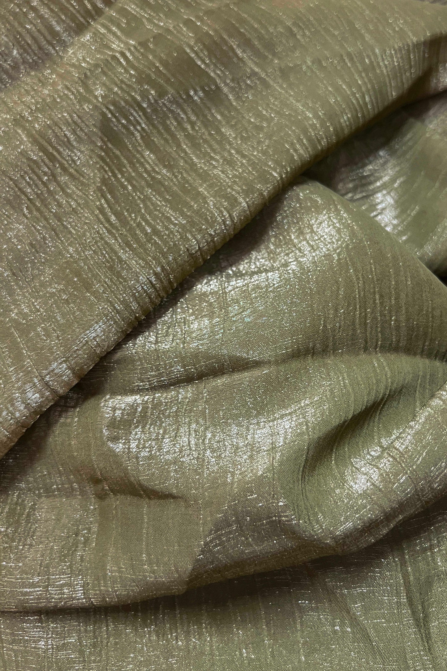 Elegant Olive Green Shimmer Tissue Silk Crunchy Party Wear Saree