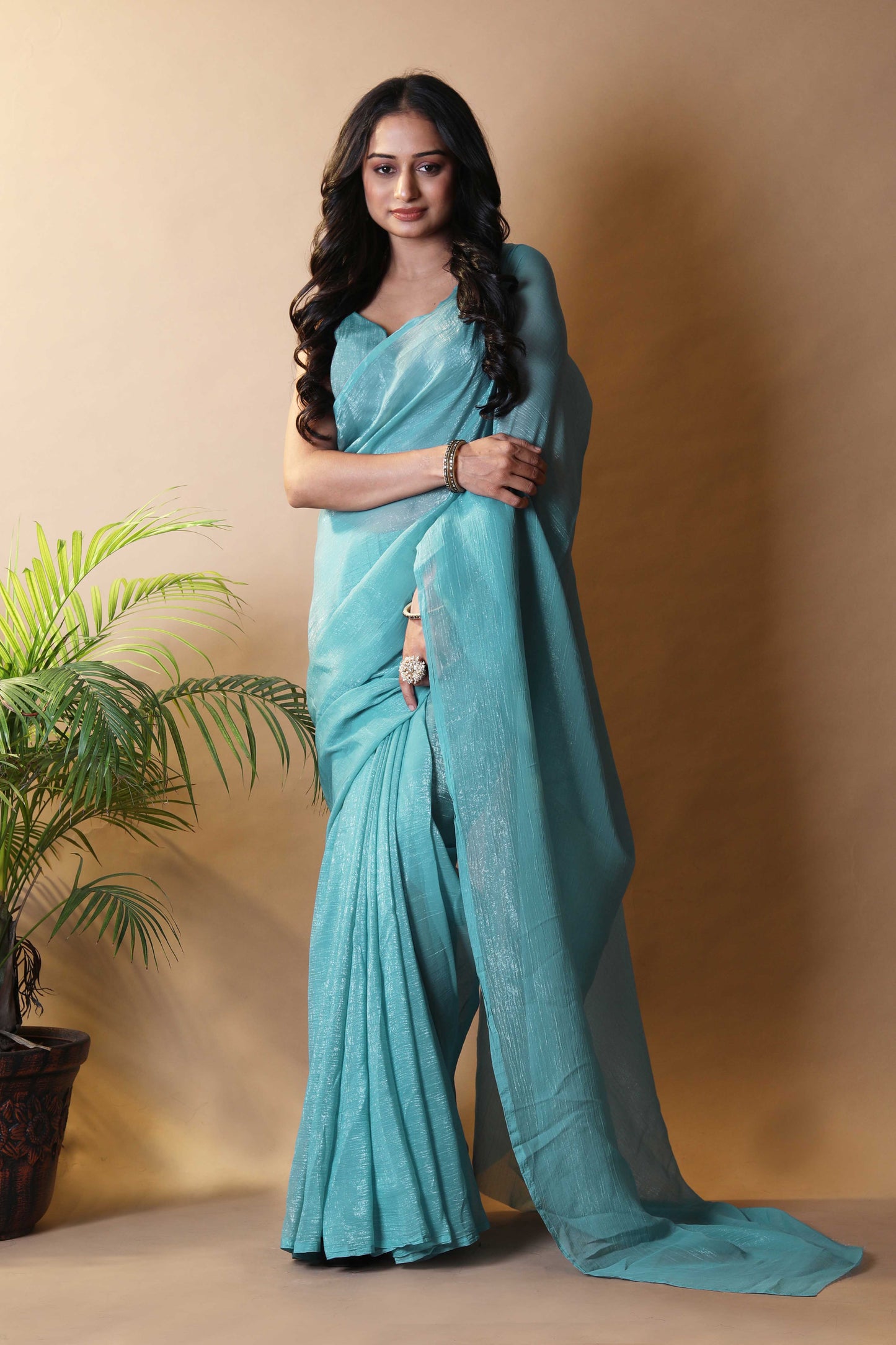 Elegant Sea Green Shimmer Tissue Silk Crunchy Party Wear Saree