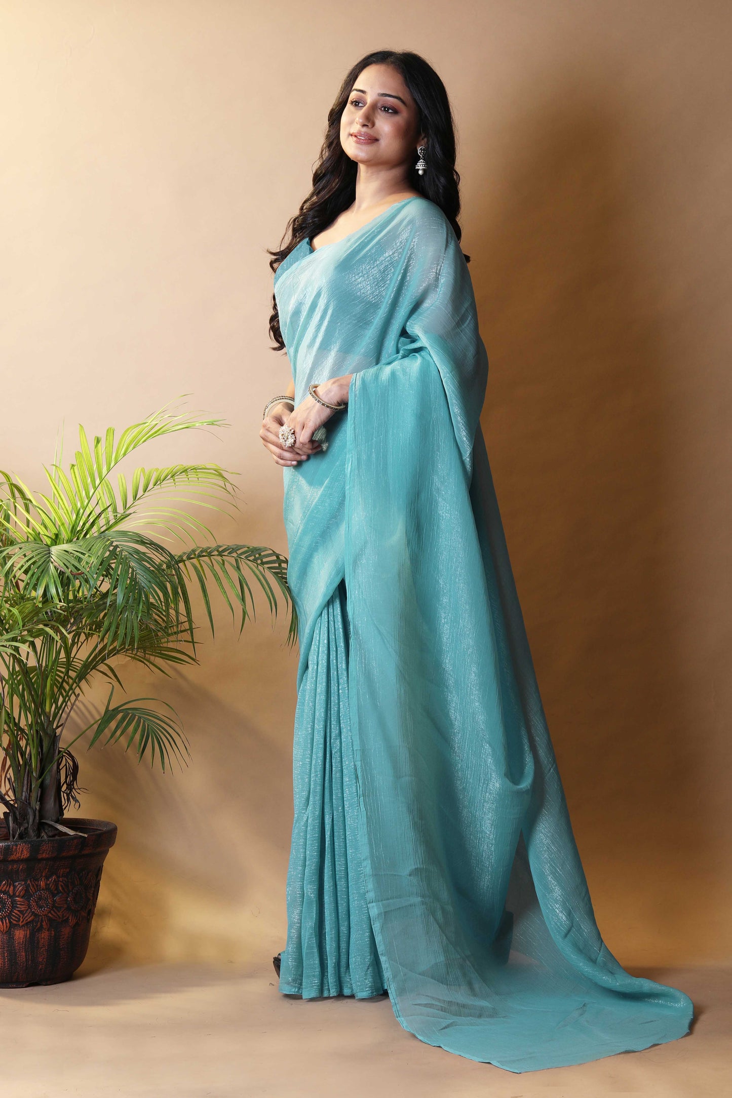 Elegant Sea Green Shimmer Tissue Silk Crunchy Party Wear Saree