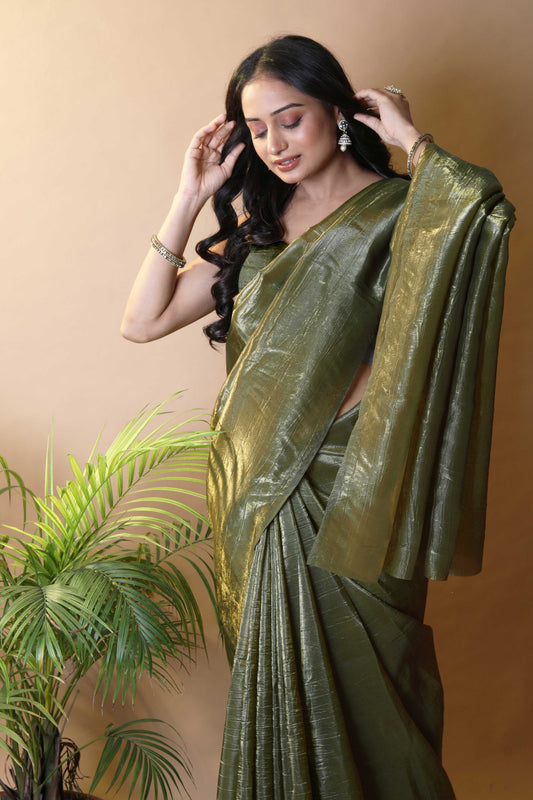 Elegant Mehendi Green Tissue Silk Crunchy Party Wear Saree