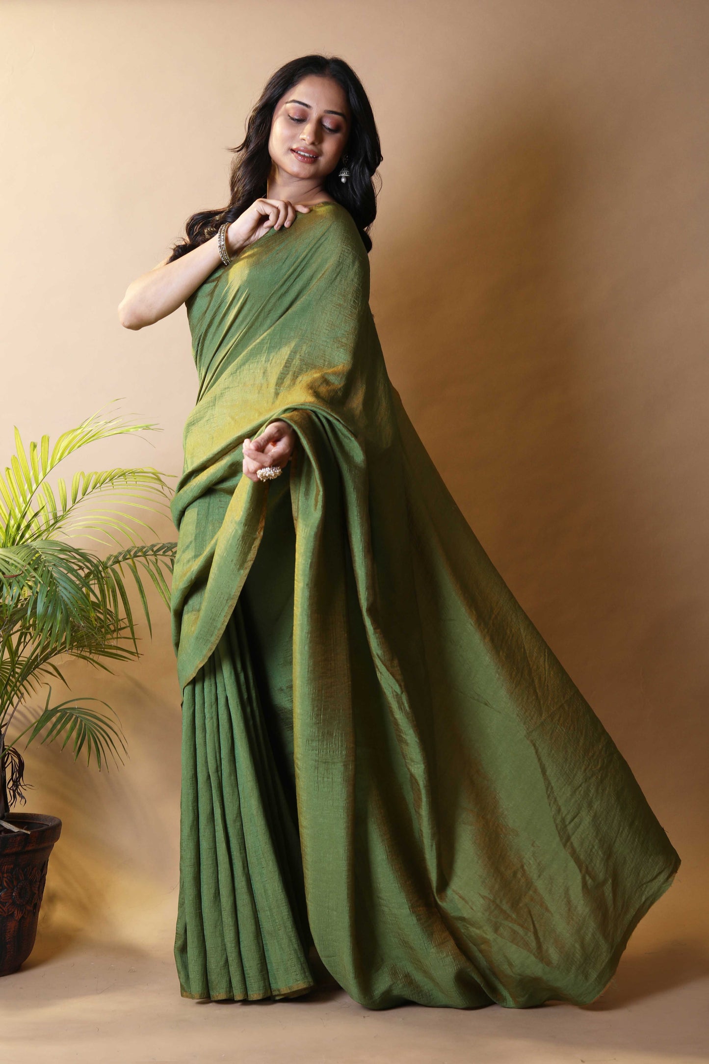 Olive Green Shimmer Silk Blend Two Tone Party Wear Saree
