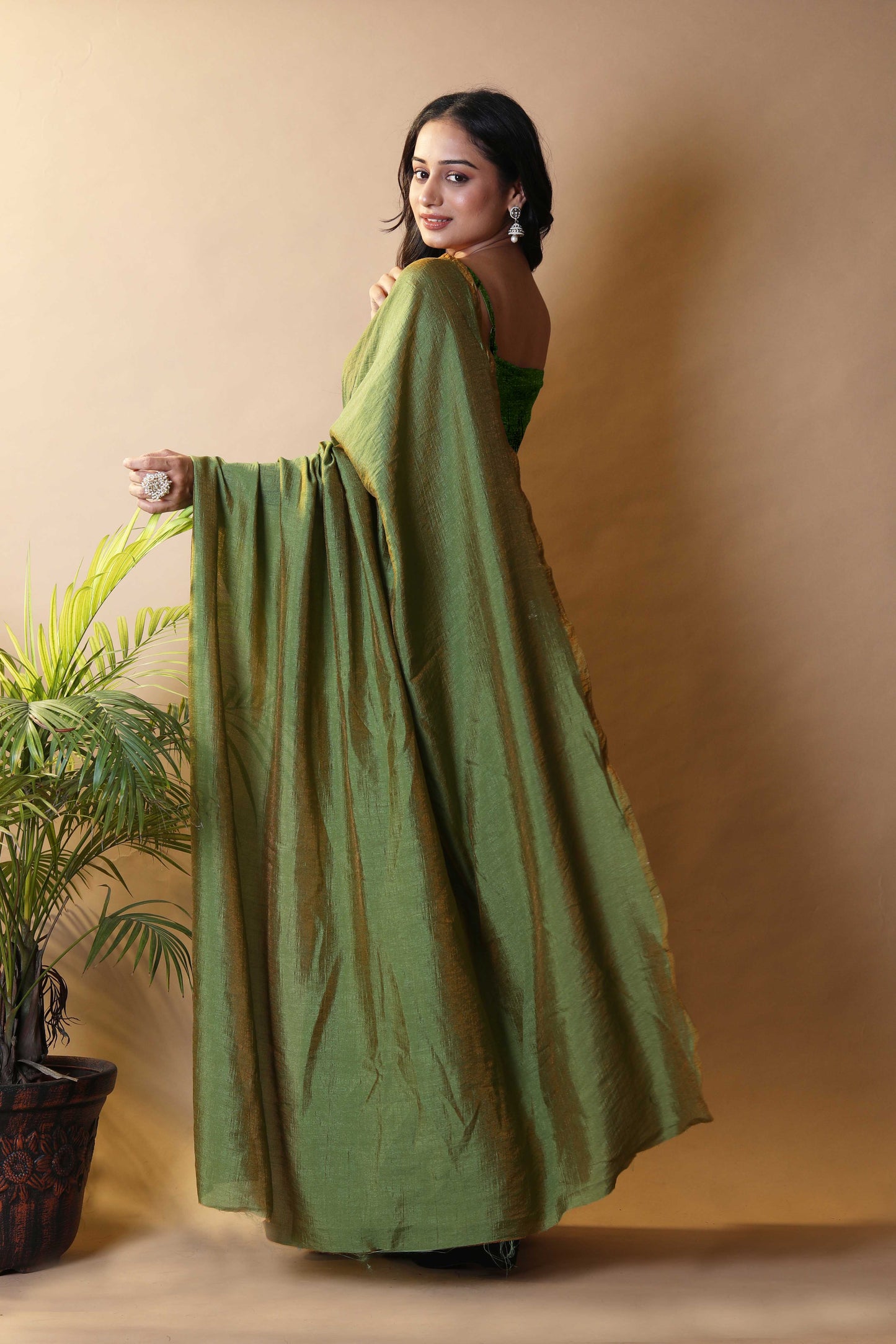 Olive Green Shimmer Silk Blend Two Tone Party Wear Saree