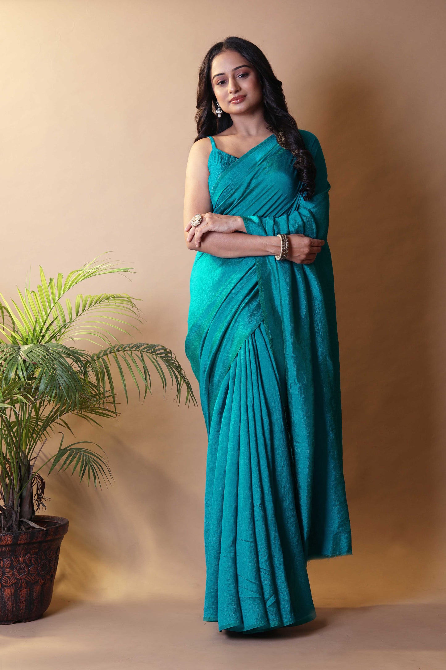 Turquoise Blue Shimmer Silk Blend Two Tone Party Wear Saree