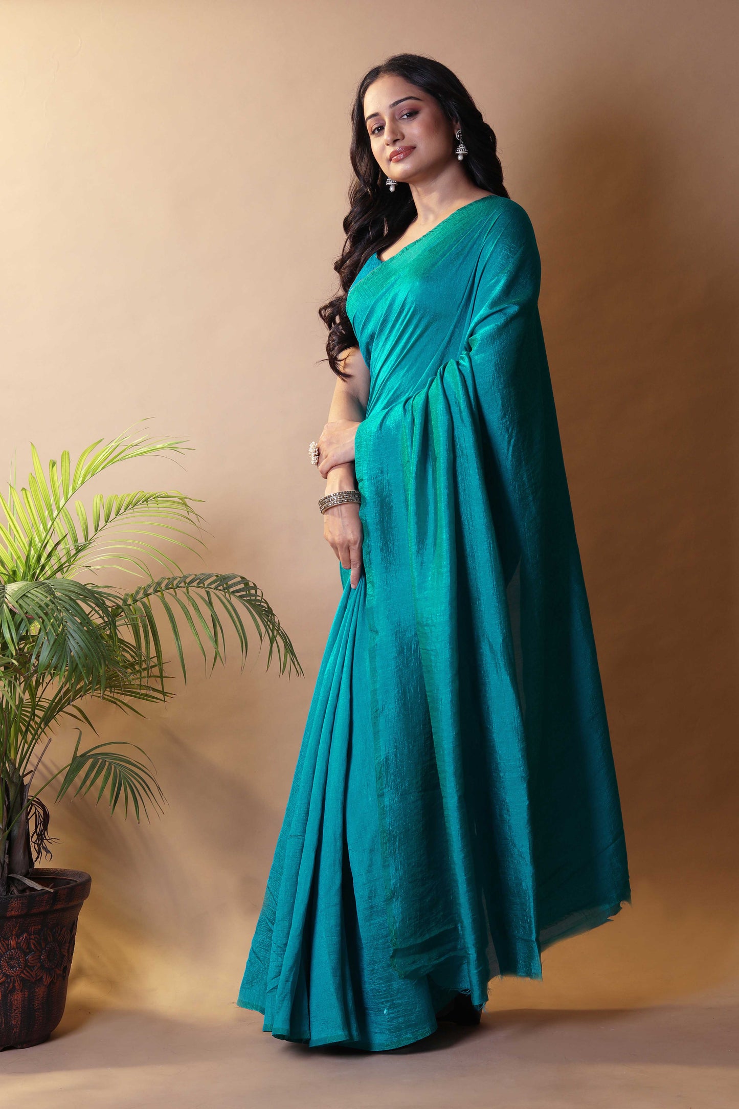 Turquoise Blue Shimmer Silk Blend Two Tone Party Wear Saree