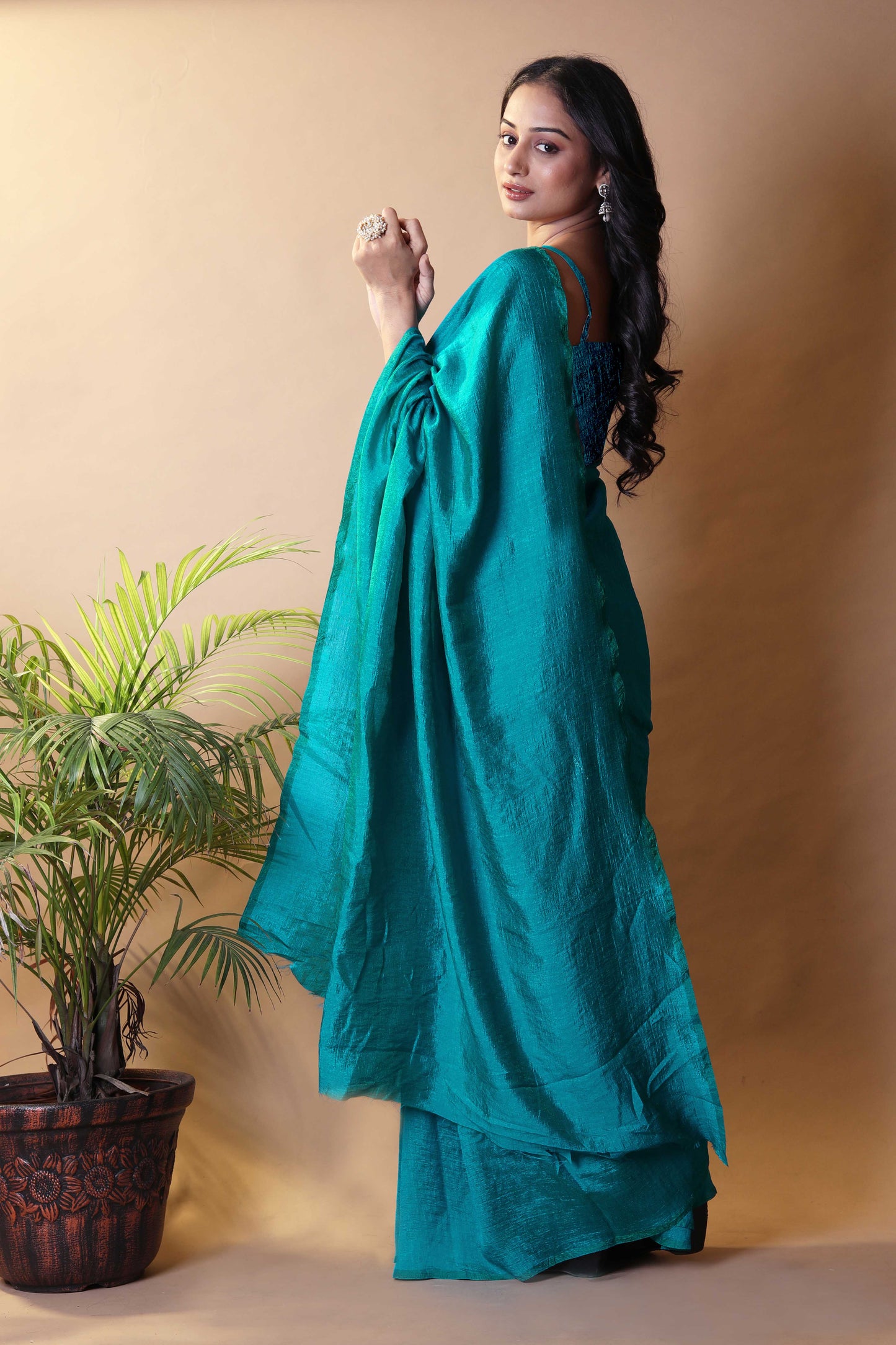 Turquoise Blue Shimmer Silk Blend Two Tone Party Wear Saree