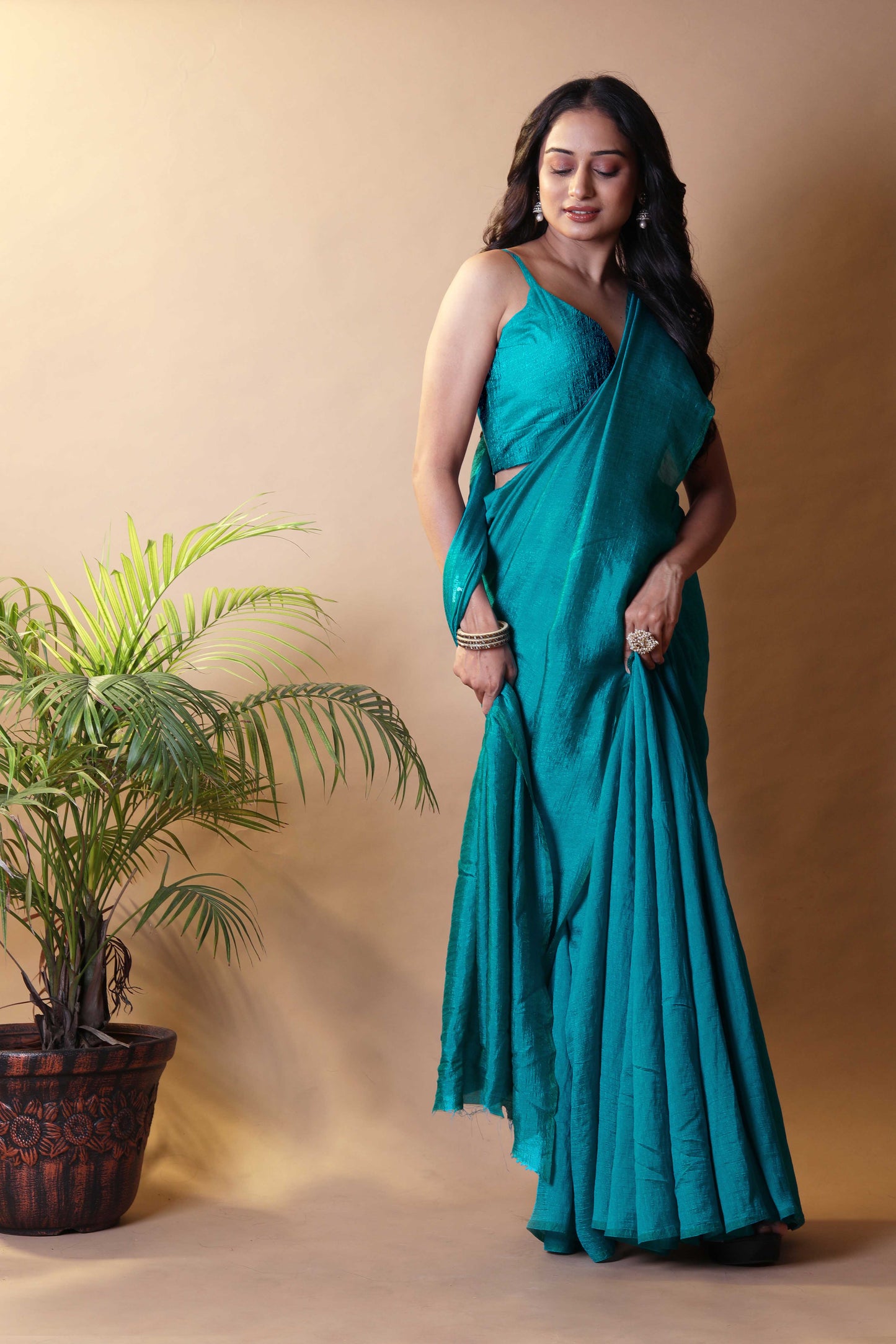 Turquoise Blue Shimmer Silk Blend Two Tone Party Wear Saree