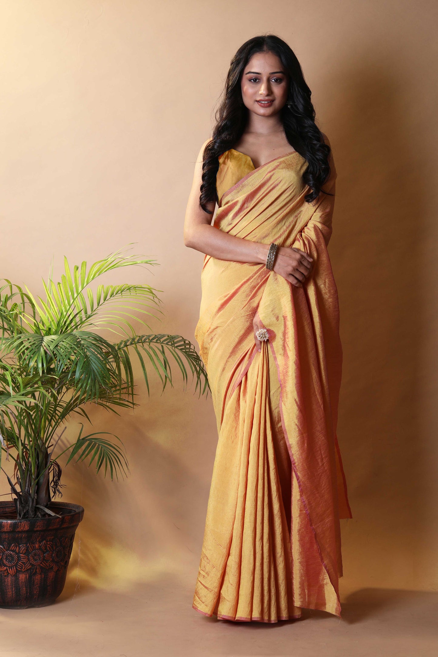 Yellow Gold Shimmer Silk Blend Two Tone Party Wear Saree