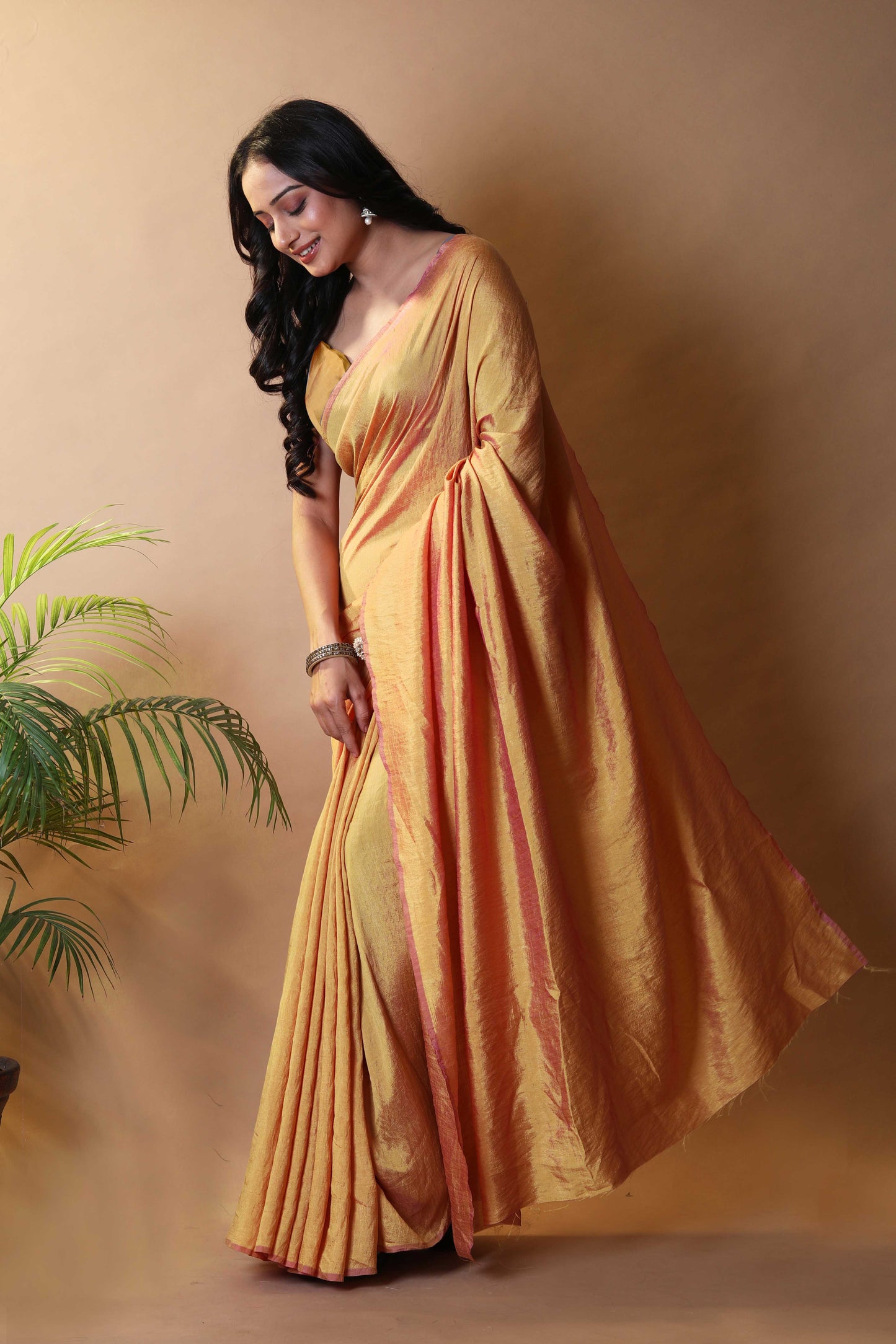 Yellow Gold Shimmer Silk Blend Two Tone Party Wear Saree
