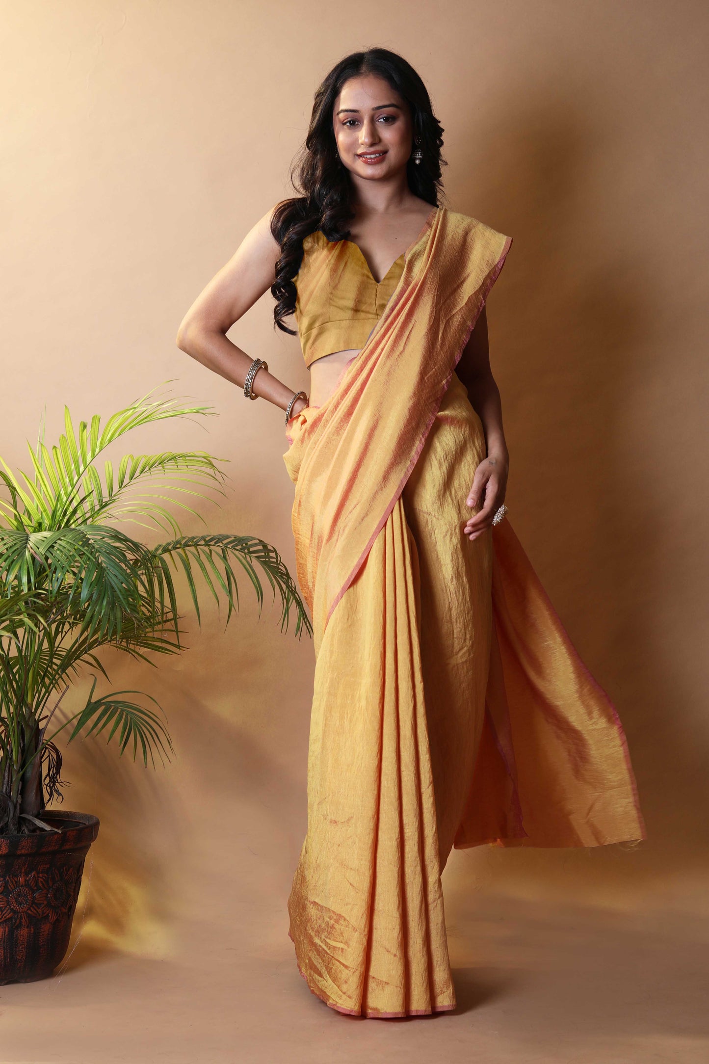 Yellow Gold Shimmer Silk Blend Two Tone Party Wear Saree
