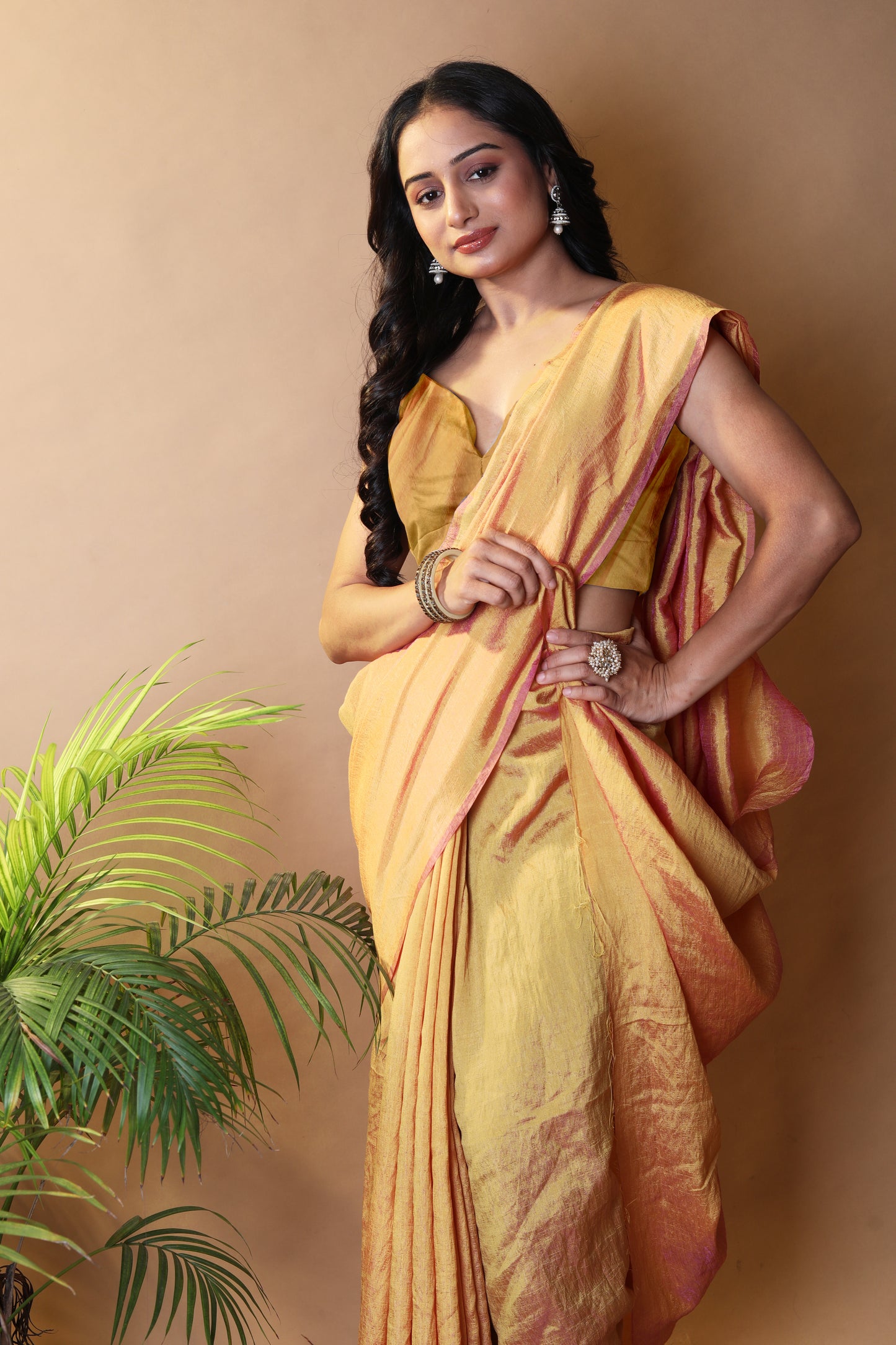 Yellow Gold Shimmer Silk Blend Two Tone Party Wear Saree