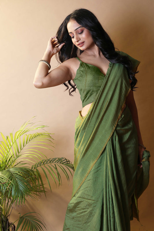 Olive Green Shimmer Silk Blend Two Tone Party Wear Saree