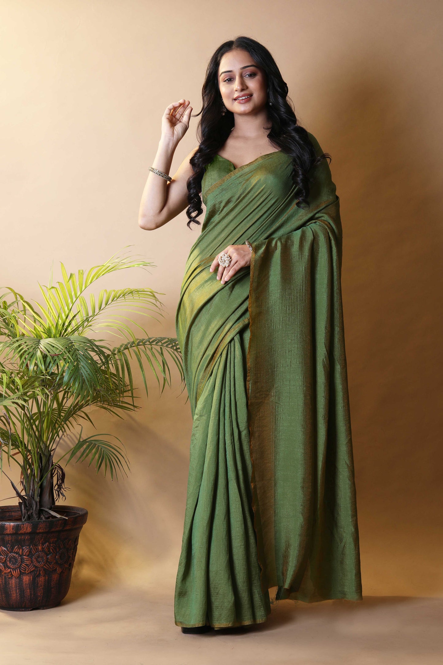Olive Green Shimmer Silk Blend Two Tone Party Wear Saree
