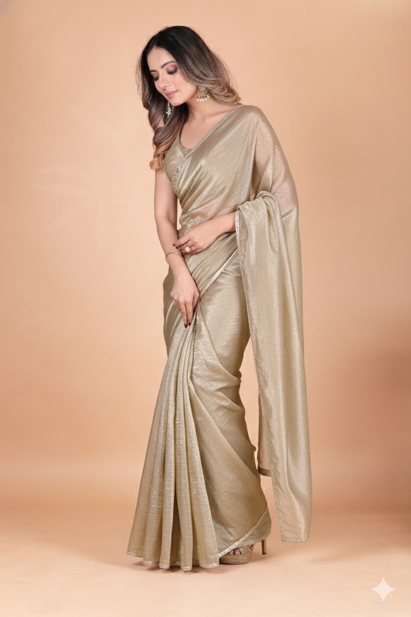 Elegant Gold Tissue Silk Crunchy Party Wear Saree