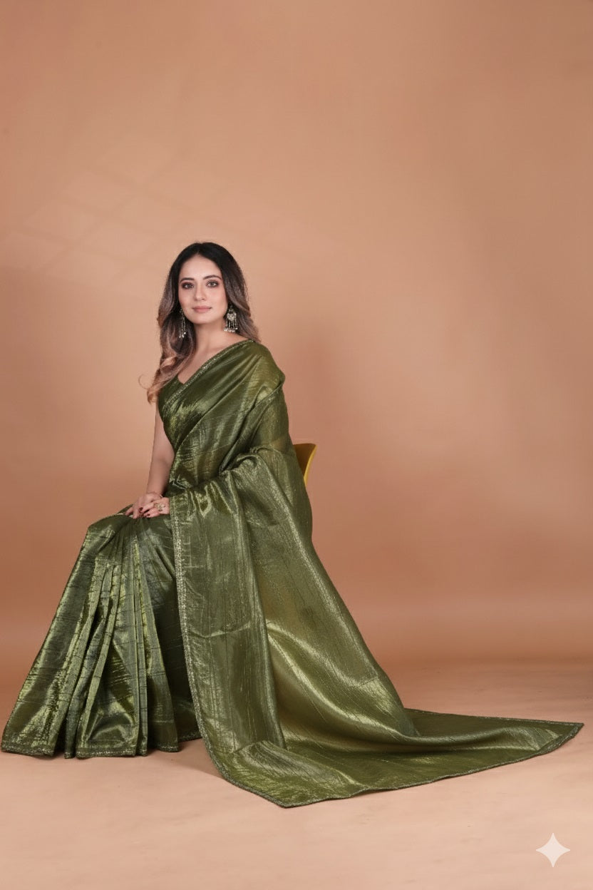 Elegant Mehendi Green Tissue Silk Crunchy Party Wear Saree