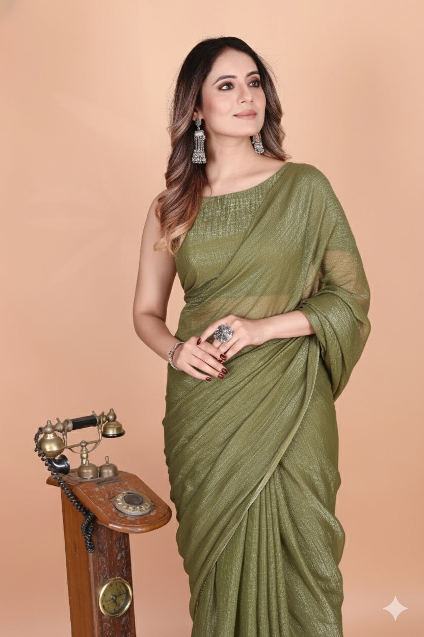 Elegant Olive Green Shimmer Tissue Silk Crunchy Party Wear Saree