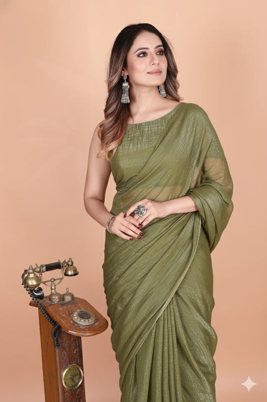Elegant Olive Green Shimmer Tissue Silk Crunchy Party Wear Saree