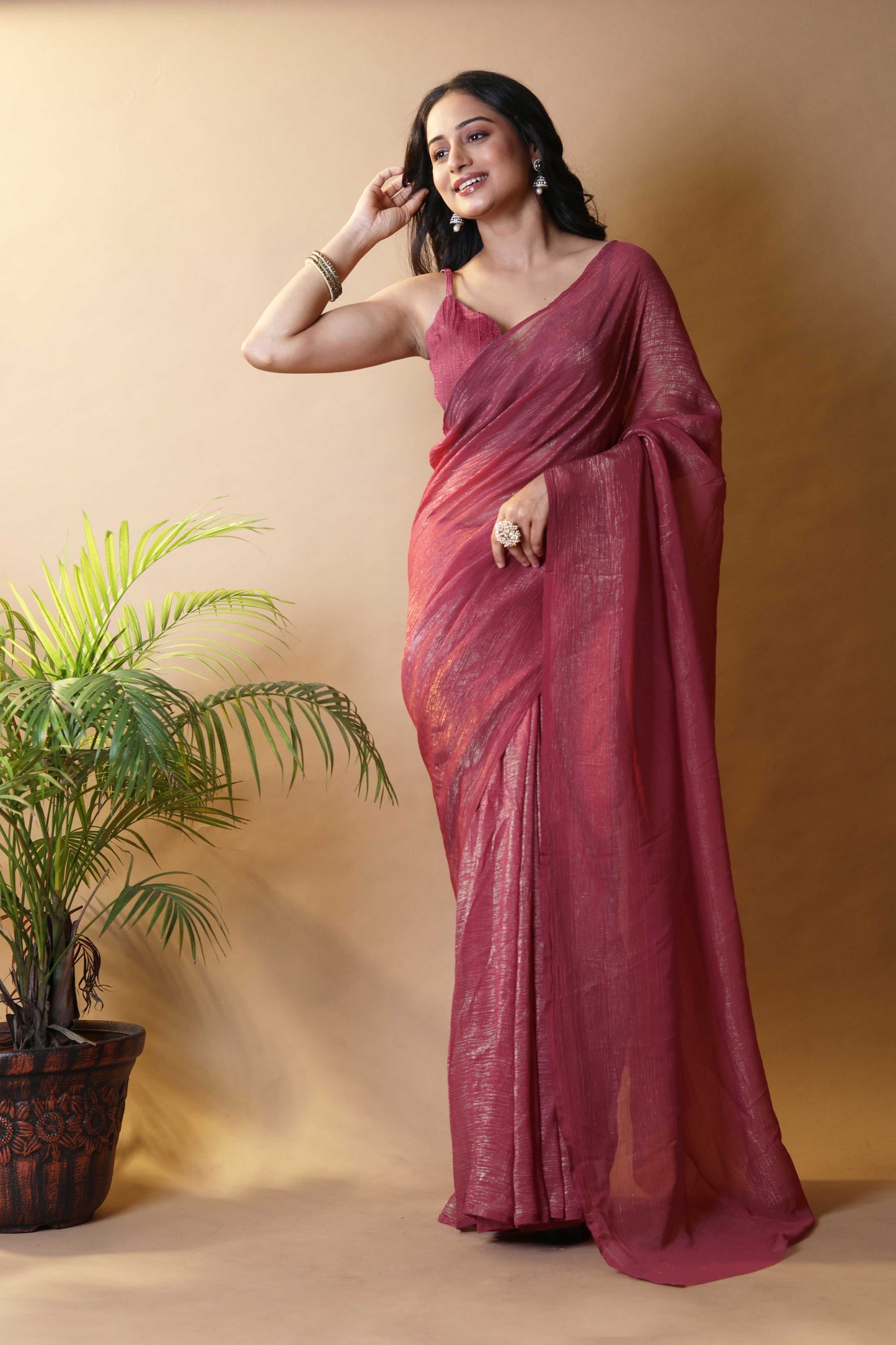 Elegant Light Magenta Shimmer Tissue Silk Crunchy Party Wear Saree
