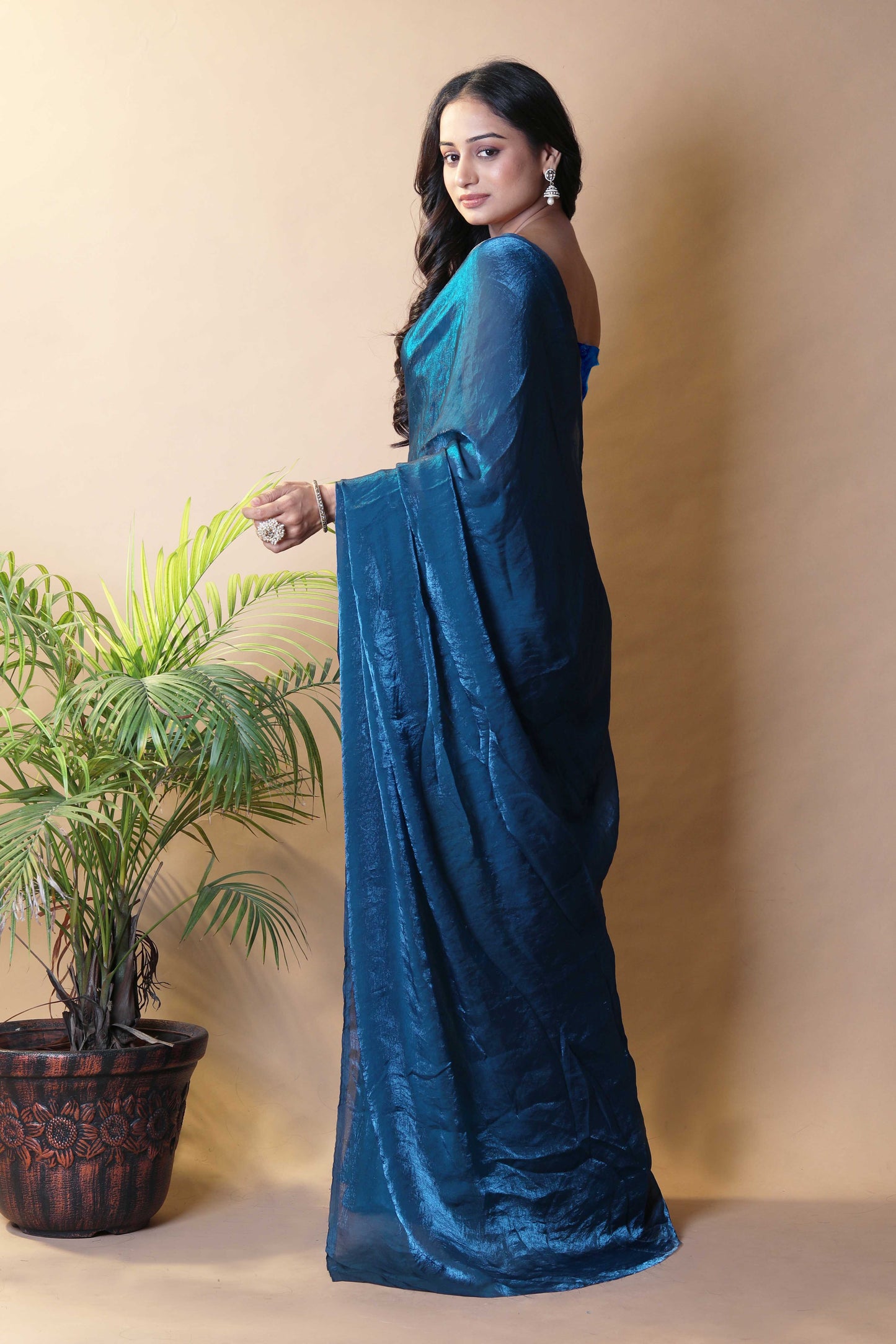 Elegant Peacock Blue Shimmer Satin Silk Two Tone Party Wear Saree