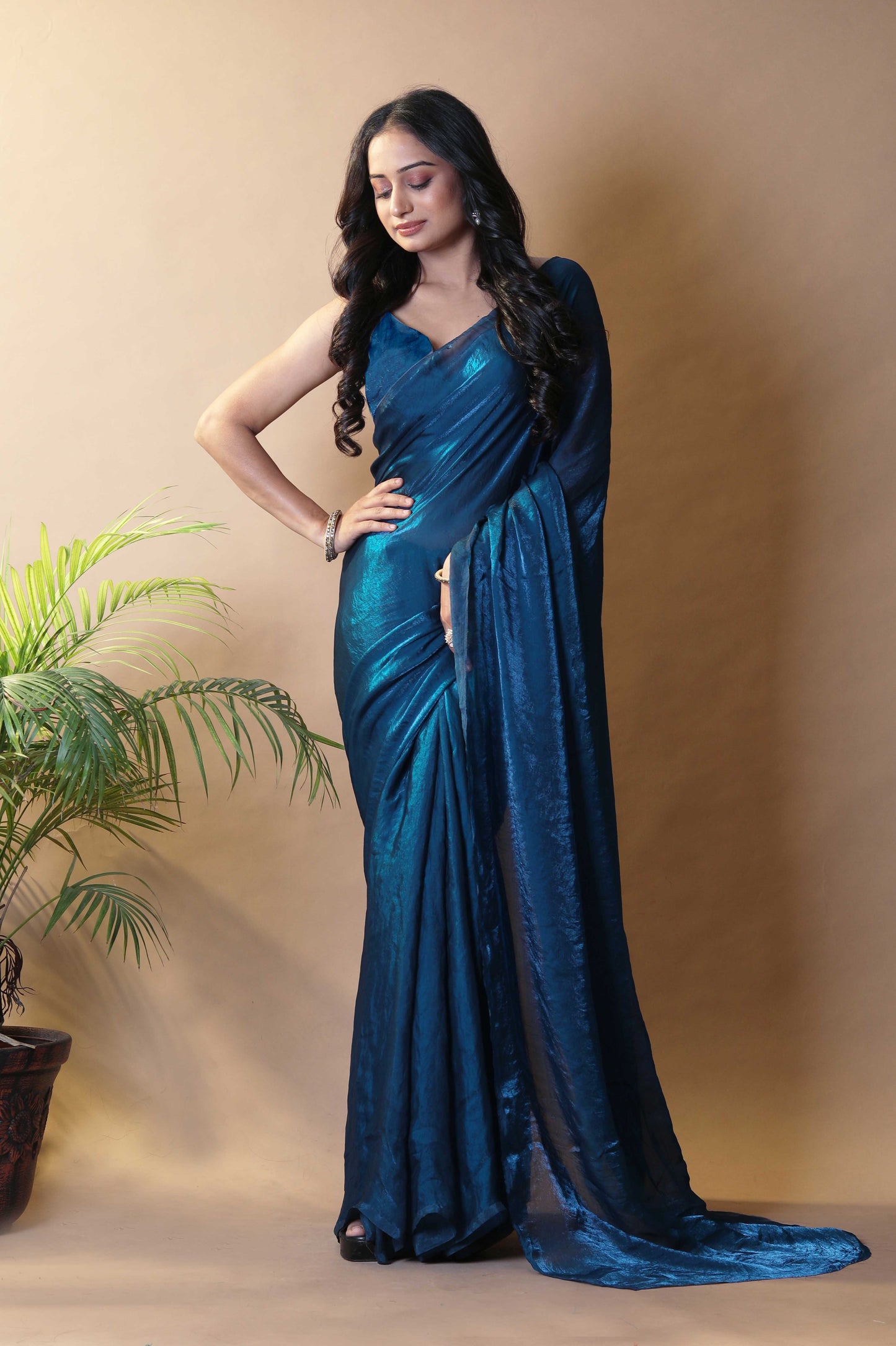 Elegant Peacock Blue Shimmer Satin Silk Two Tone Party Wear Saree