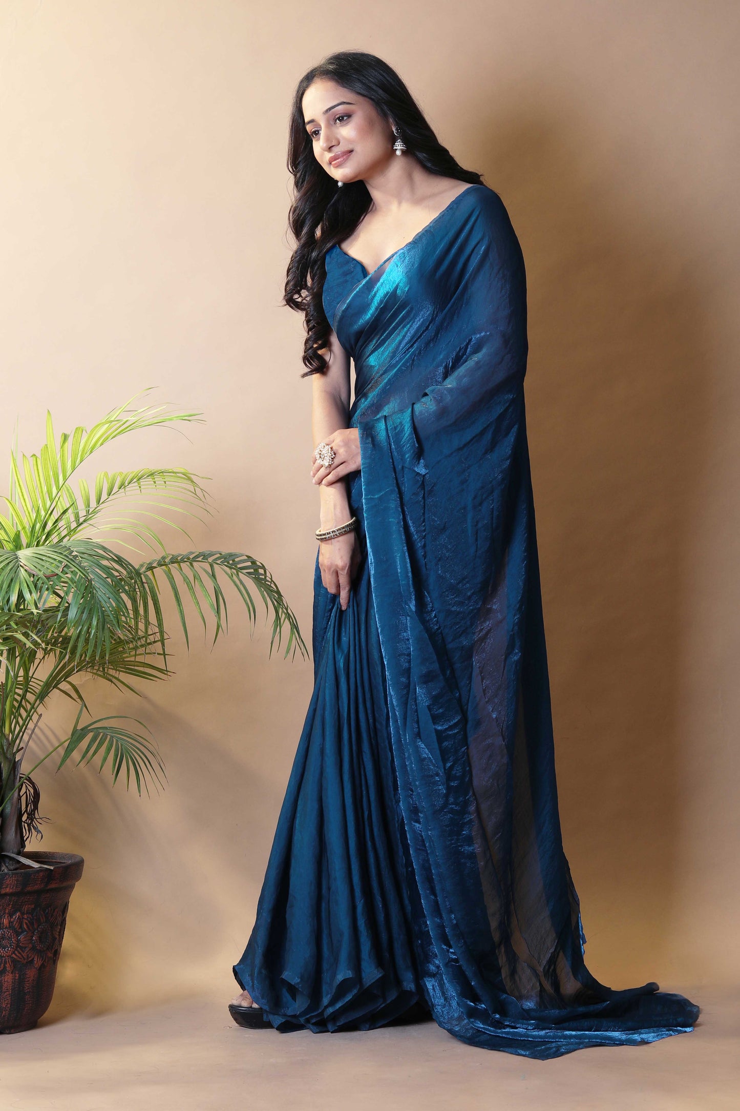 Elegant Peacock Blue Shimmer Satin Silk Two Tone Party Wear Saree