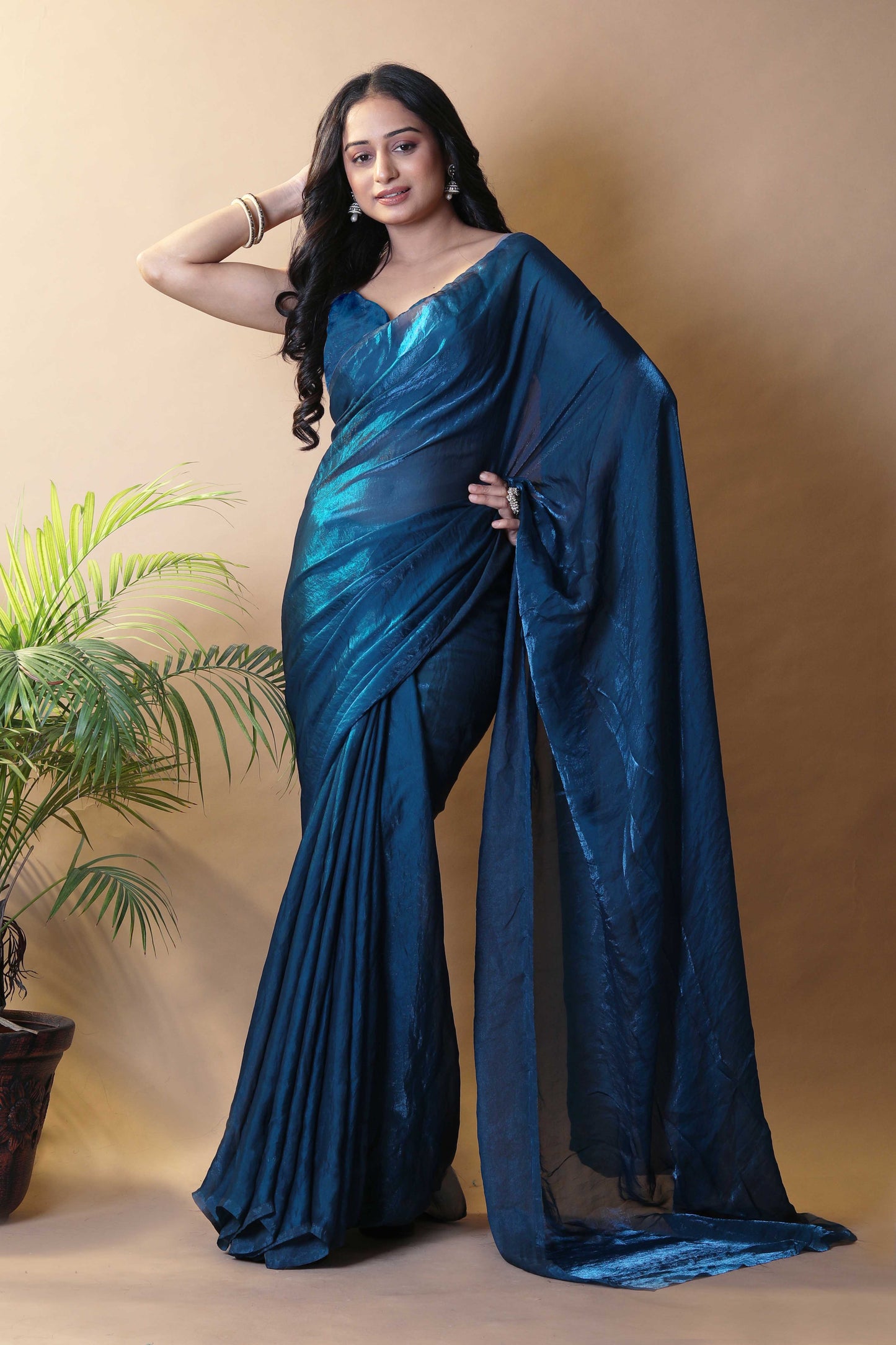 Elegant Peacock Blue Shimmer Satin Silk Two Tone Party Wear Saree