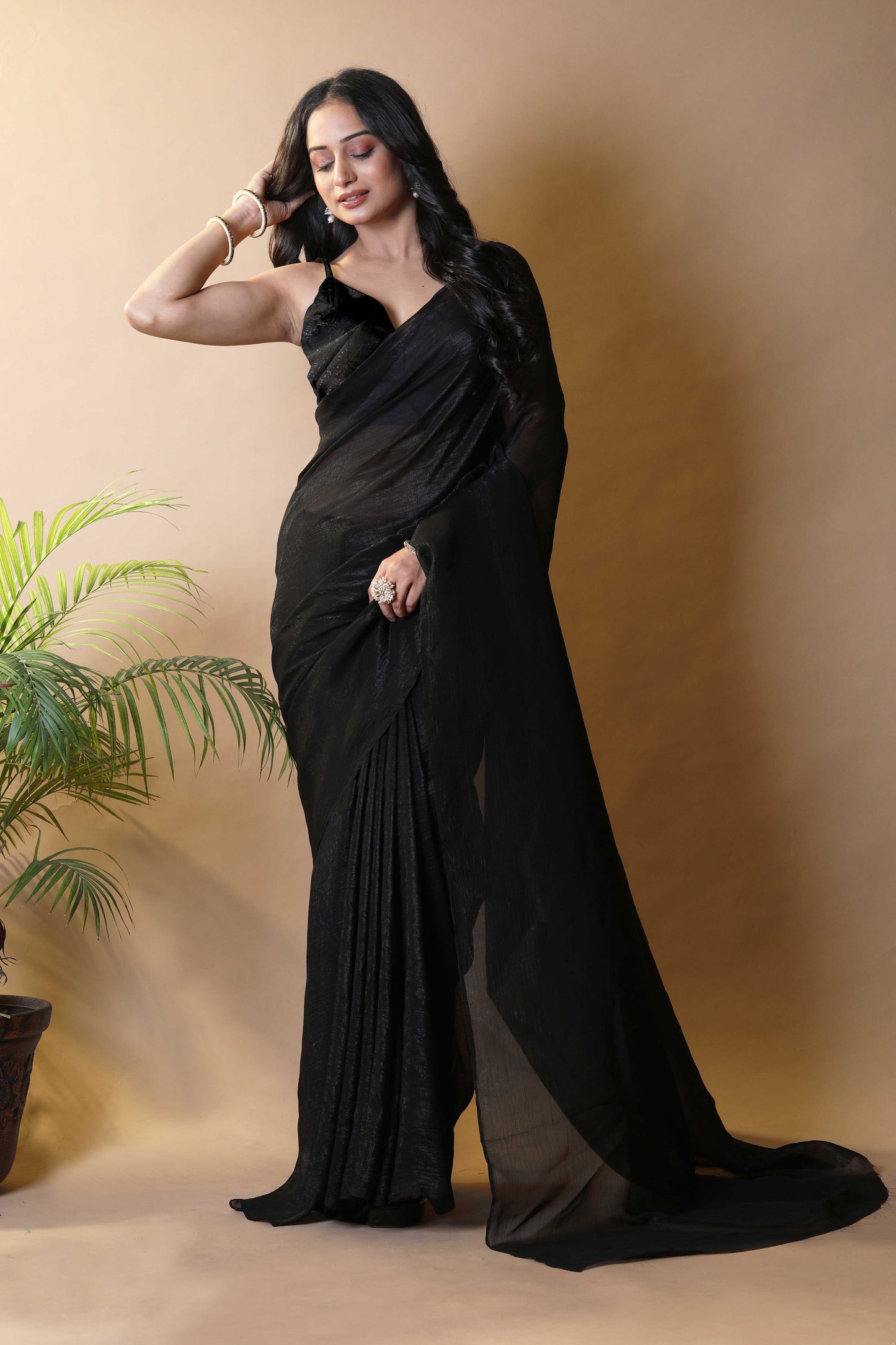 Elegant Black Shimmer Tissue Silk Crunchy Party Wear Saree