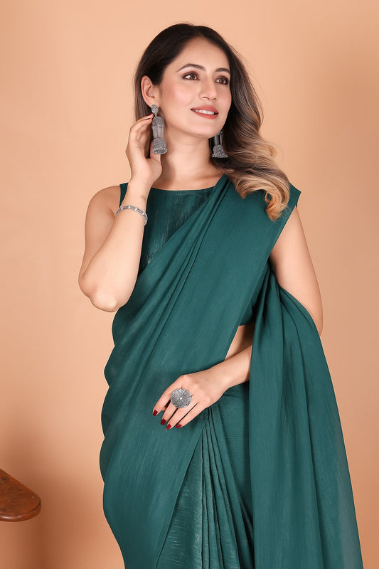 Elegant Bottle Green Shimmer Tissue Silk Crunchy Party Wear Saree