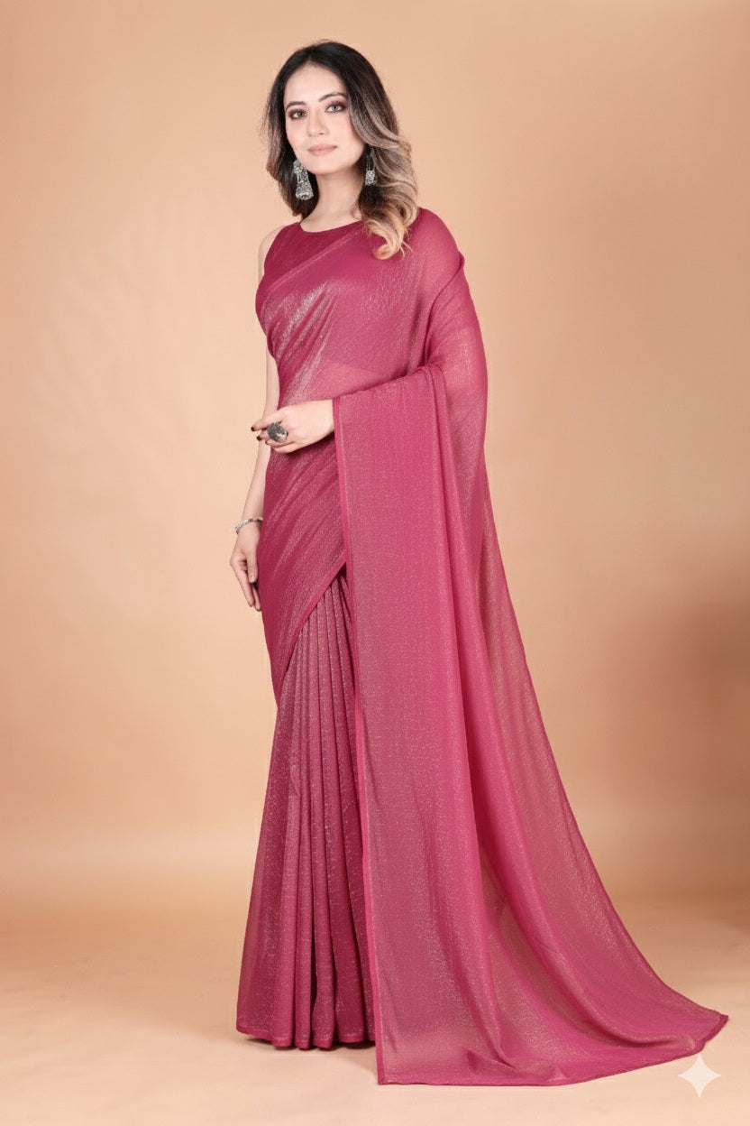 Elegant Light Magenta Shimmer Tissue Silk Crunchy Party Wear Saree