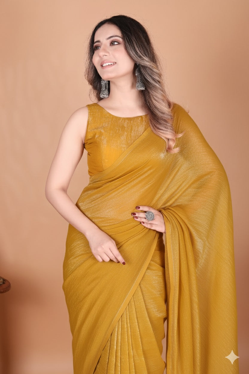 Elegant Musterd Shimmer Tissue Silk Crunchy Party Wear Saree