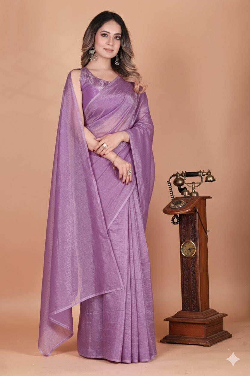 Elegant Lavender Tissue Silk Crunchy Party Wear Saree