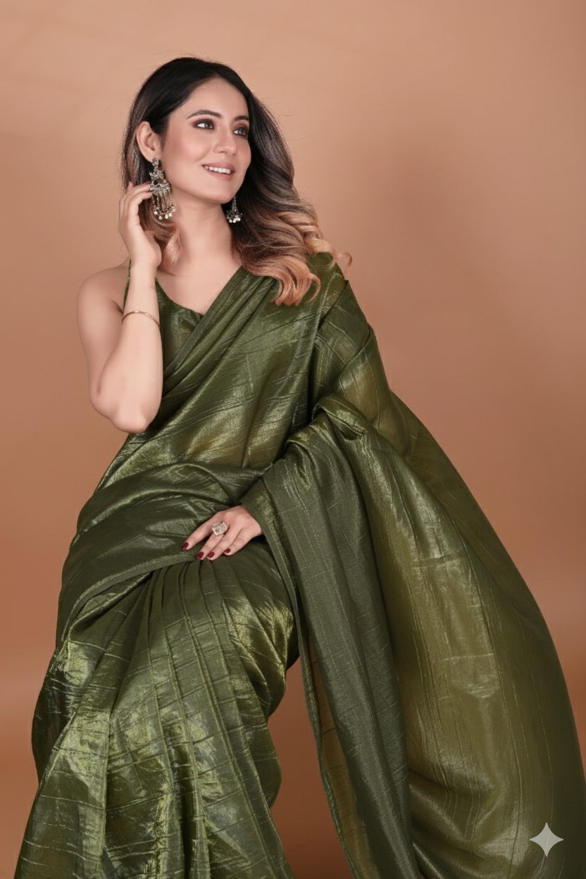 Elegant Mehendi Green Tissue Silk Crunchy Party Wear Saree