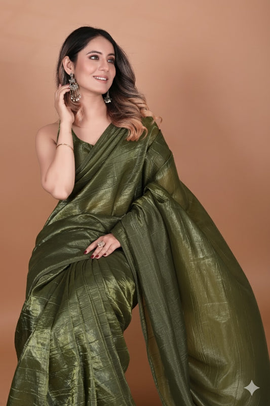 Elegant Mehendi Green Tissue Silk Crunchy Party Wear Saree