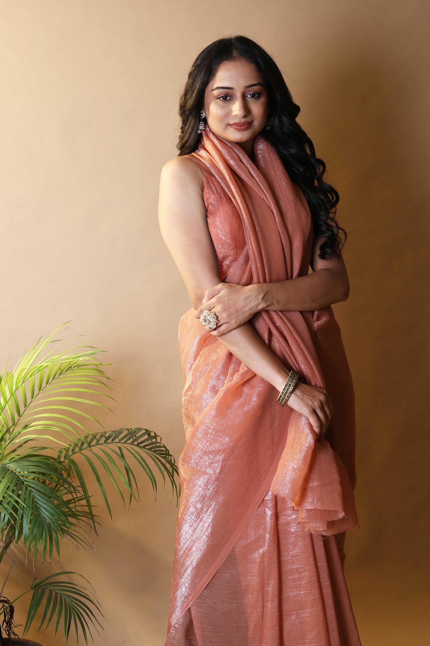 Elegant Rust Shimmer Tissue Silk Crunchy Party Wear Saree