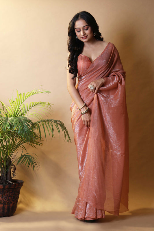 Elegant Rust Shimmer Tissue Silk Crunchy Party Wear Saree