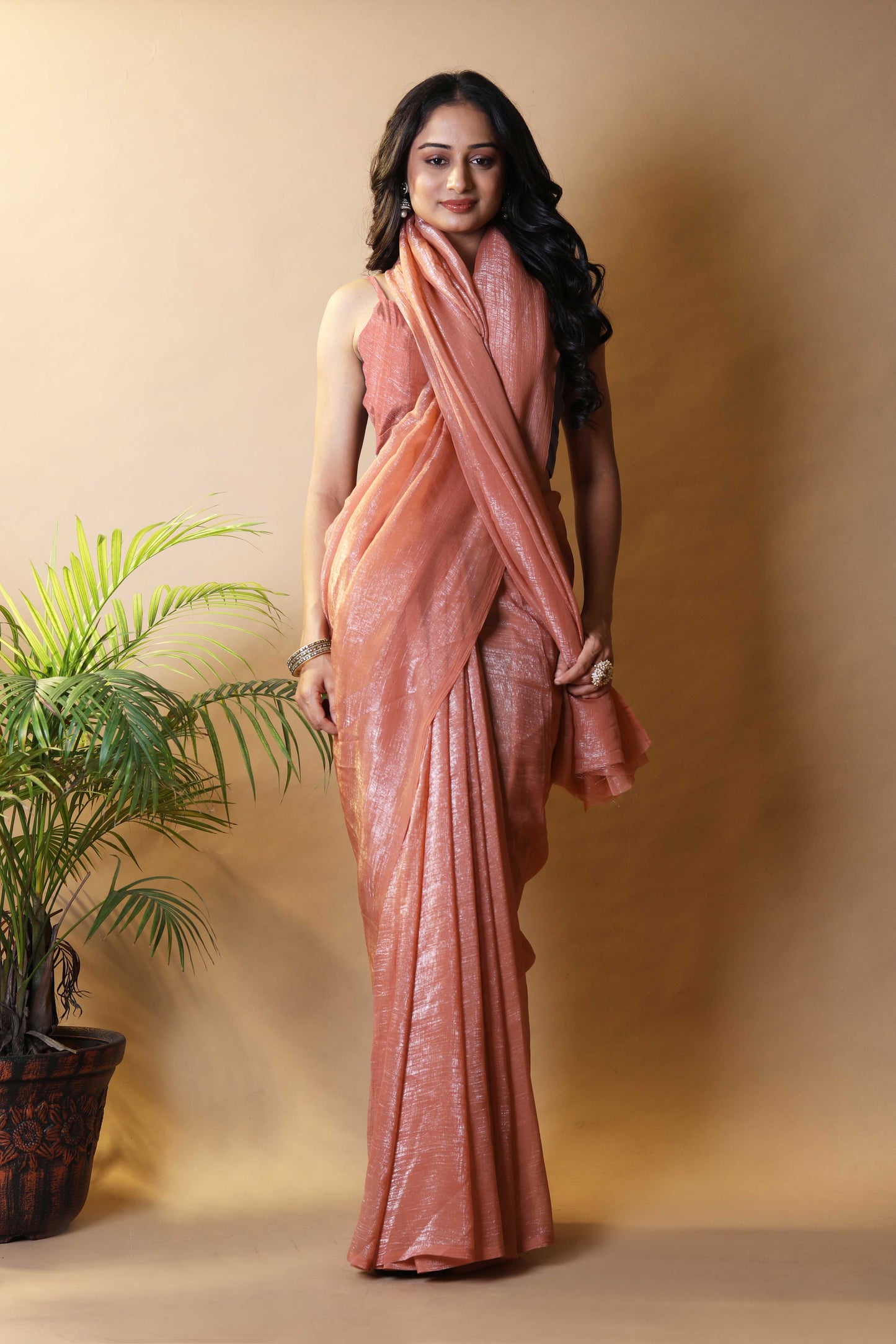 Elegant Rust Shimmer Tissue Silk Crunchy Party Wear Saree