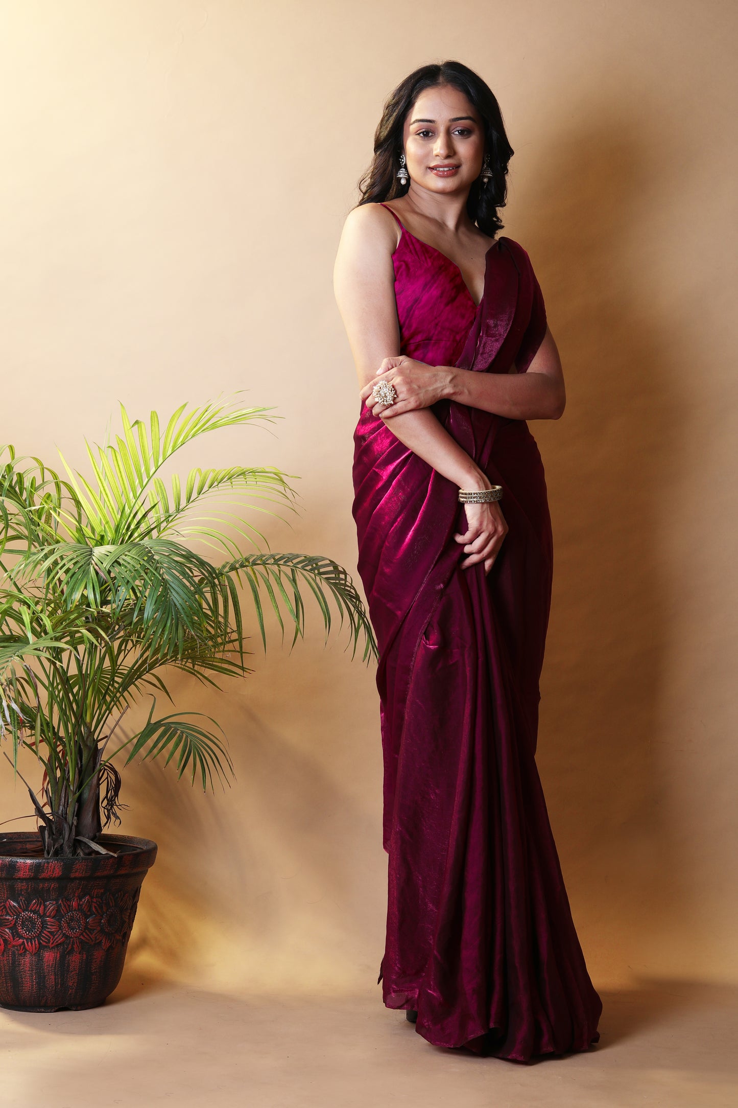 Elegant Beet Shimmer Satin Silk Two Tone Party Wear Saree