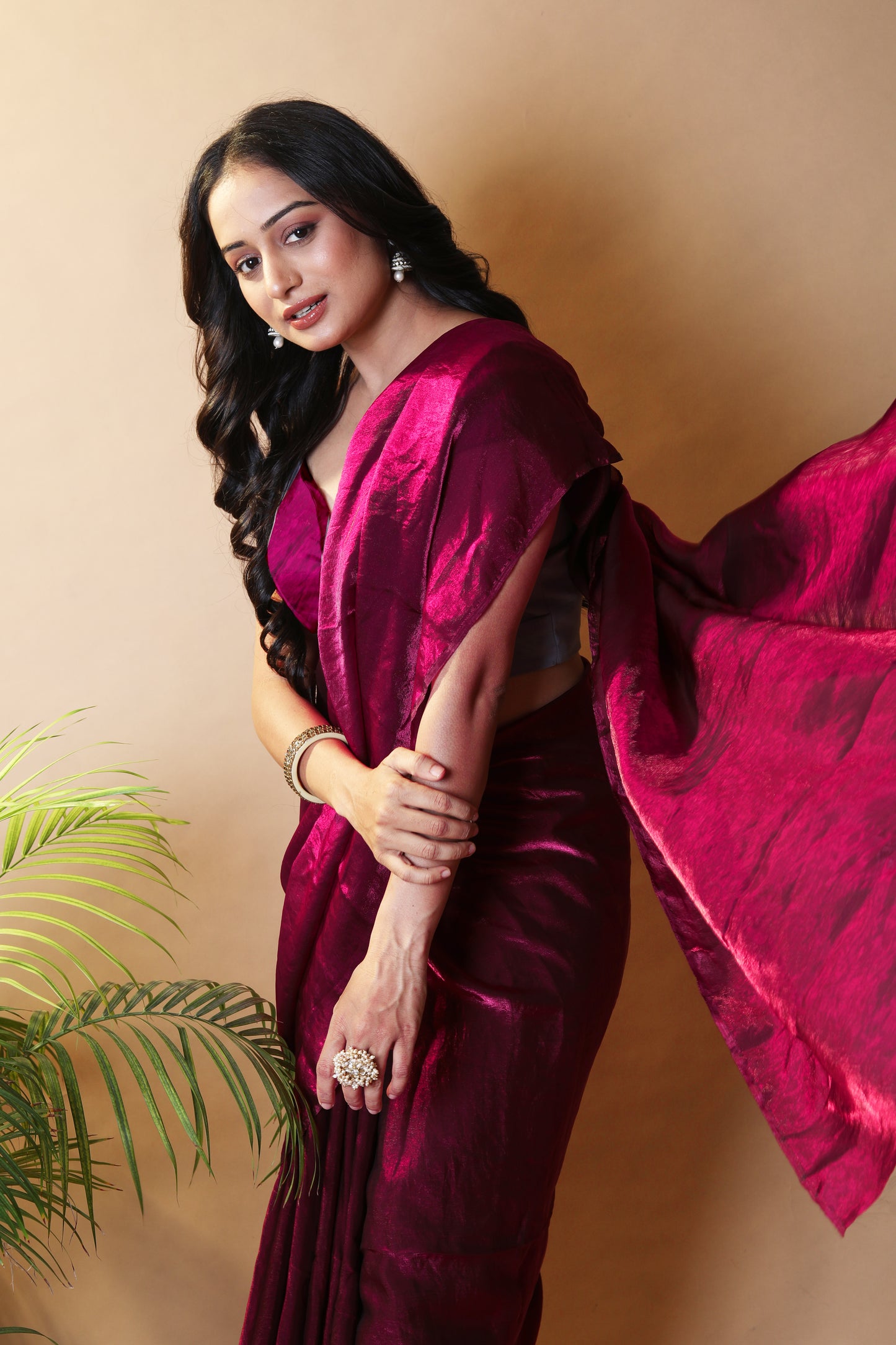 Elegant Beet Shimmer Satin Silk Two Tone Party Wear Saree