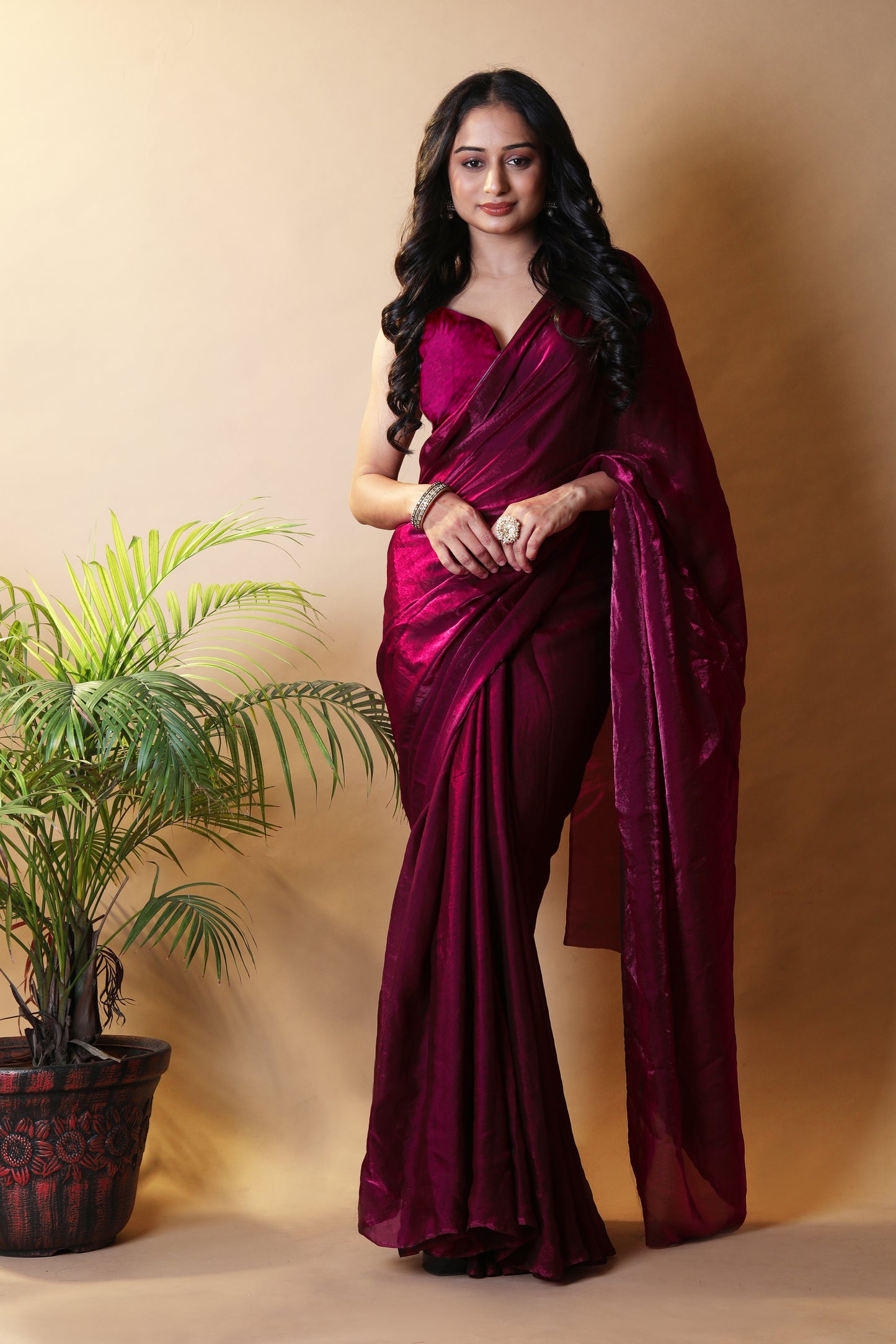Elegant Beet Shimmer Satin Silk Two Tone Party Wear Saree