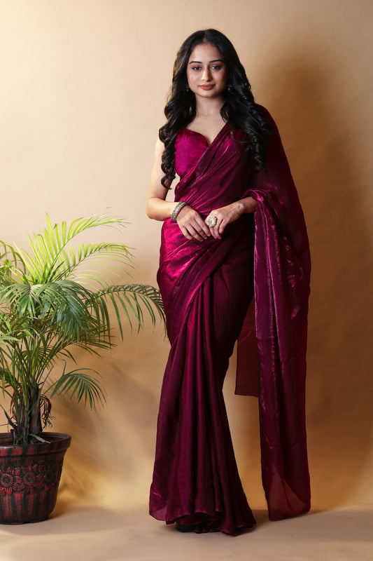 Elegant Beet Shimmer Satin Silk Two Tone Party Wear Saree