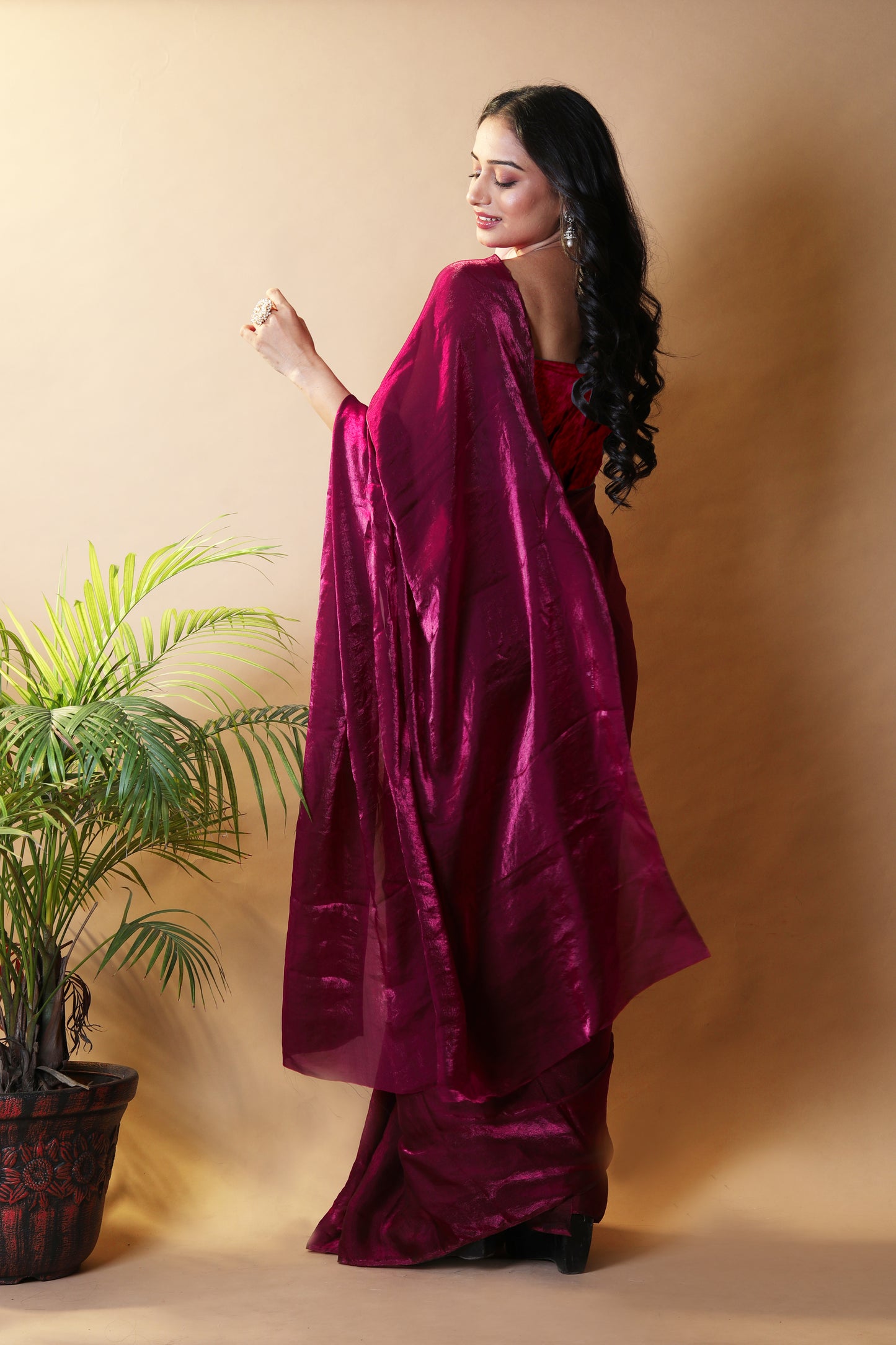 Elegant Beet Shimmer Satin Silk Two Tone Party Wear Saree